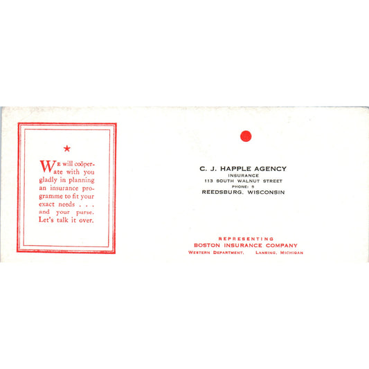 Vintage Blotter Card - C.J. Happle Agency Reedsburg WI TH2-SF2