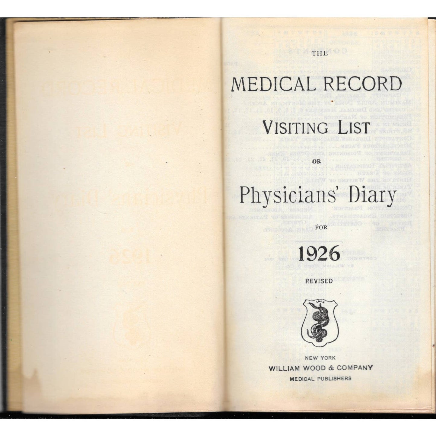 1926 The Medical Record Visiting List or Physicians Diary William Wood & Co TJ7