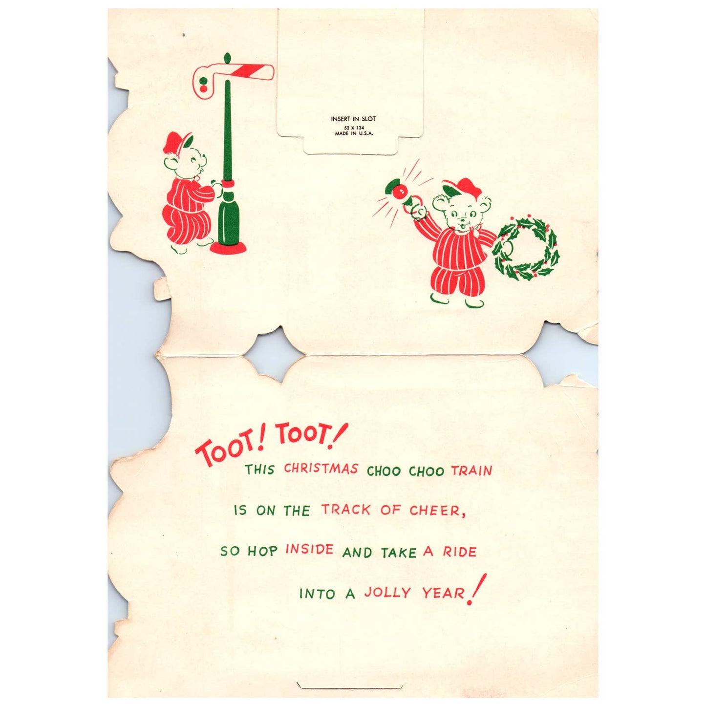 Vintage Christmas Card Die-Cut Stand Up Christmas Train Bears TJ8-7