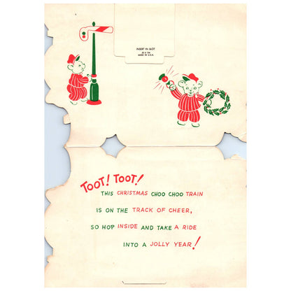 Vintage Christmas Card Die-Cut Stand Up Christmas Train Bears TJ8-7
