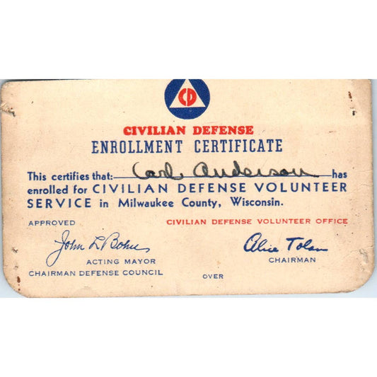 1940s Civilian Defense Enrollment Certificate Card Milwaukee WI SE5-1