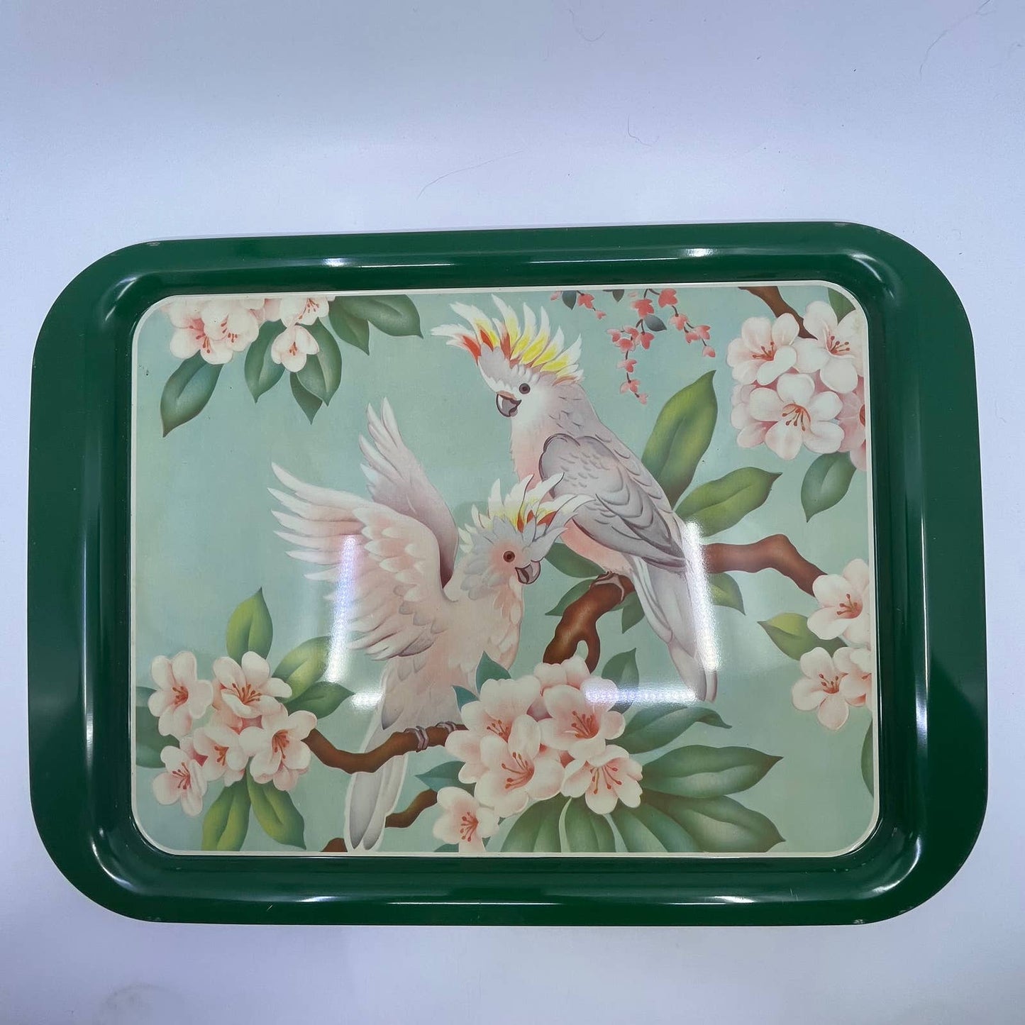 1950's Set of 4 MCM Cockatiel Tropical Toleware Tin Litho Trays 17.5 x 13” TH9-2