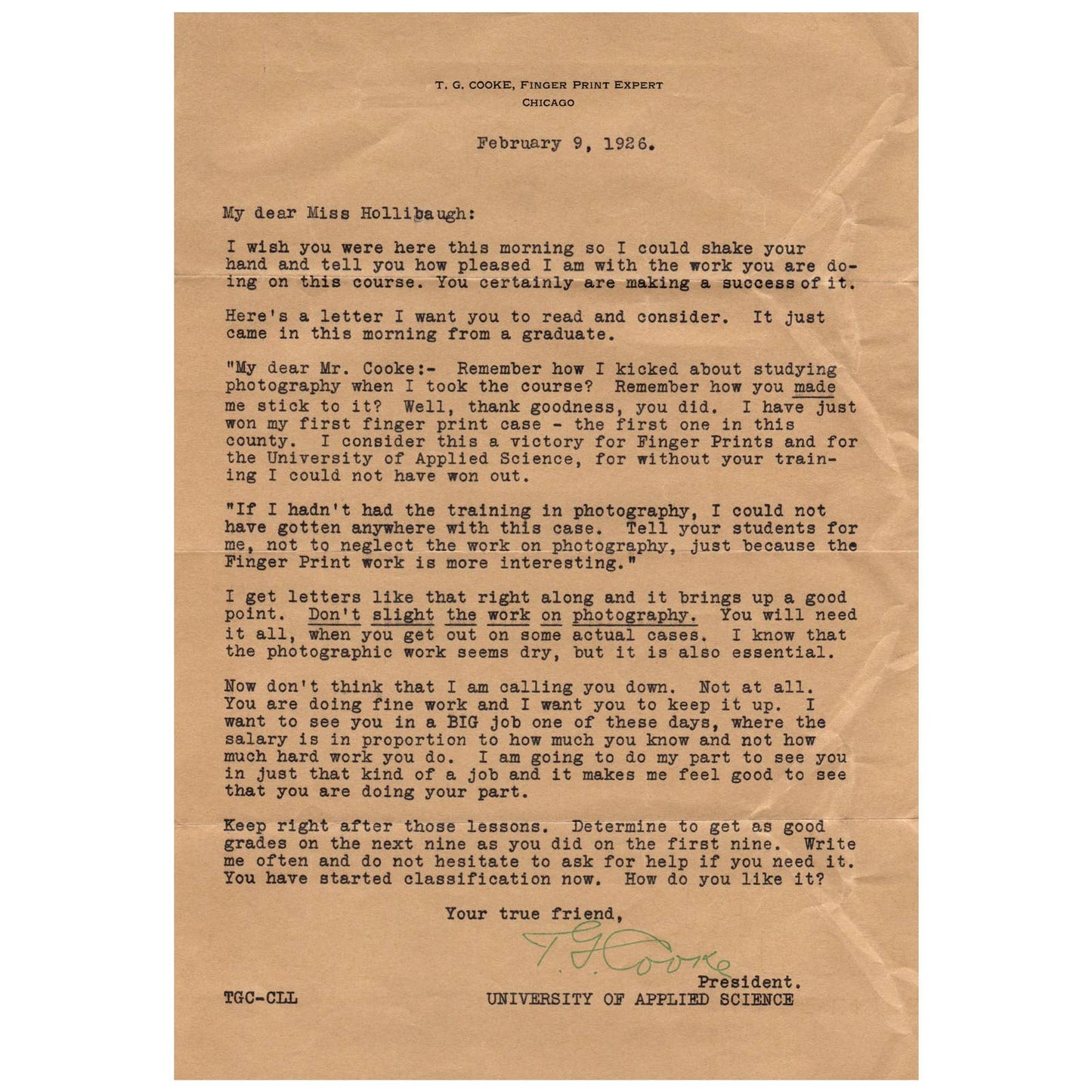 Original 1926 T.J. Cooke Fingerprint Expert Chicago IL Letter to Student AD8