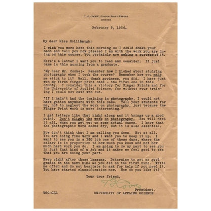 Original 1926 T.J. Cooke Fingerprint Expert Chicago IL Letter to Student AD8