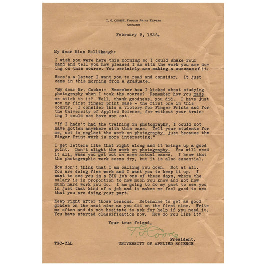 Original 1926 T.J. Cooke Fingerprint Expert Chicago IL Letter to Student AD8