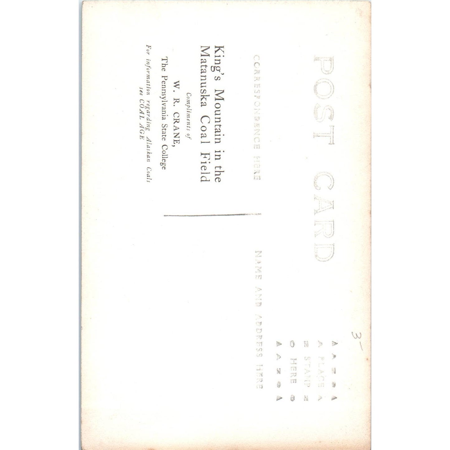 King's Mountain in Matanuska Coal Field W.R. Crane Alaska RPPC Postcard TK1-29