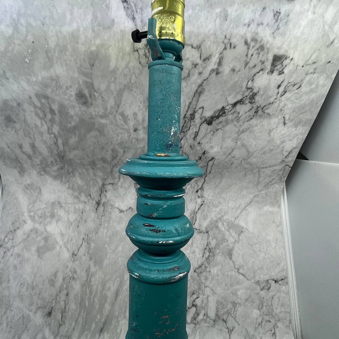 Vintage Shabby Chic Distressed Turquoise Table Lamp w/ Harp & Finial WORKS 20"