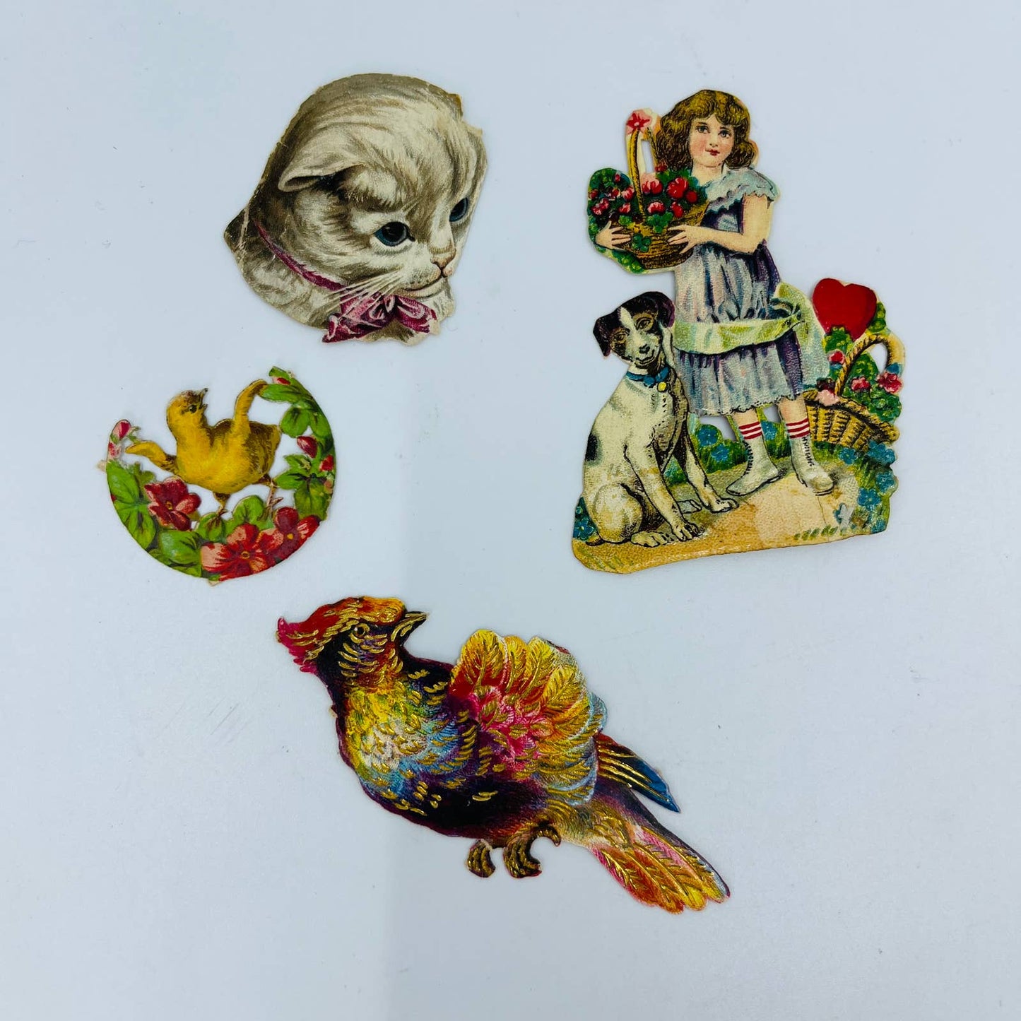 1880s Victorian Die Cut Scrap Lot of 4 Animal Floral Duck Bird Cat Dog 1-3” EA2