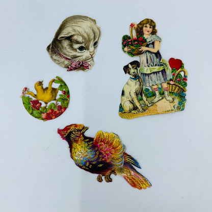 1880s Victorian Die Cut Scrap Lot of 4 Animal Floral Duck Bird Cat Dog 1-3” EA2