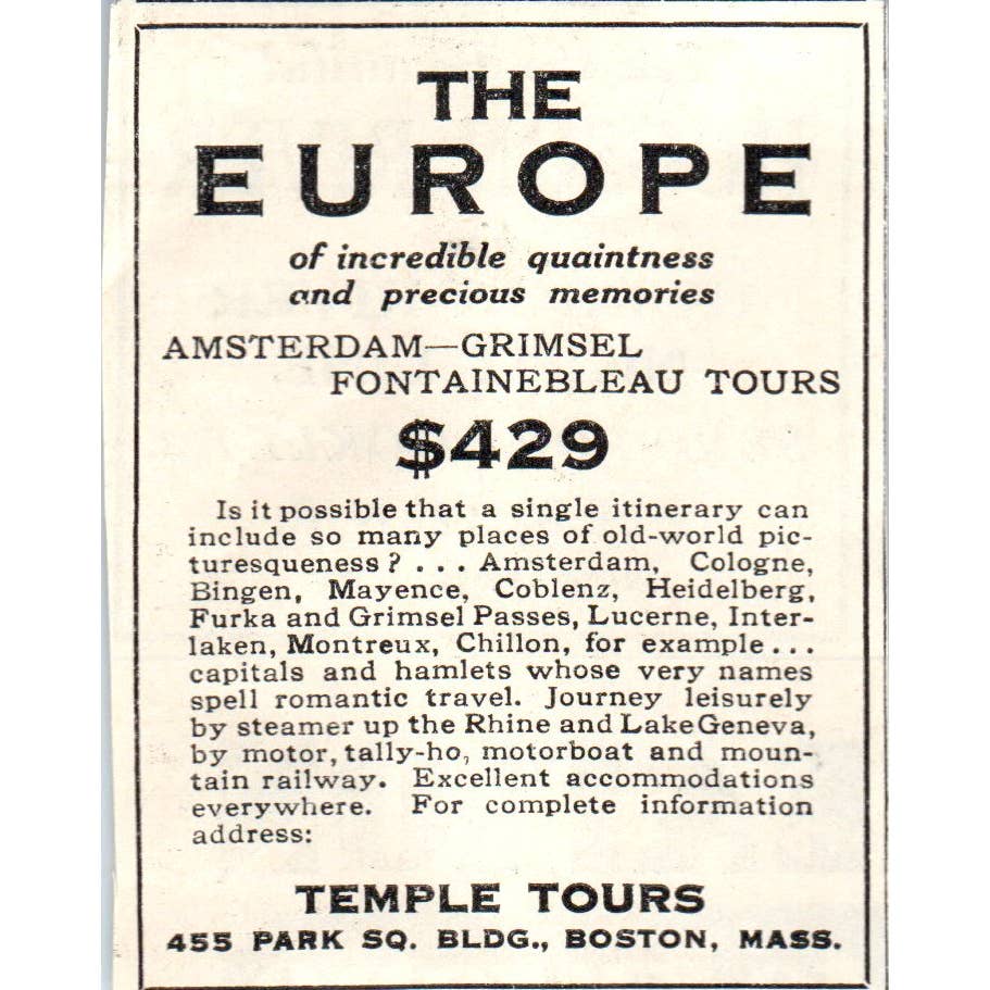 1931 Amsterdam-Grimsel Fontainebleau Tours Temple Tours Boston MA ~2.5x3 SE6-1