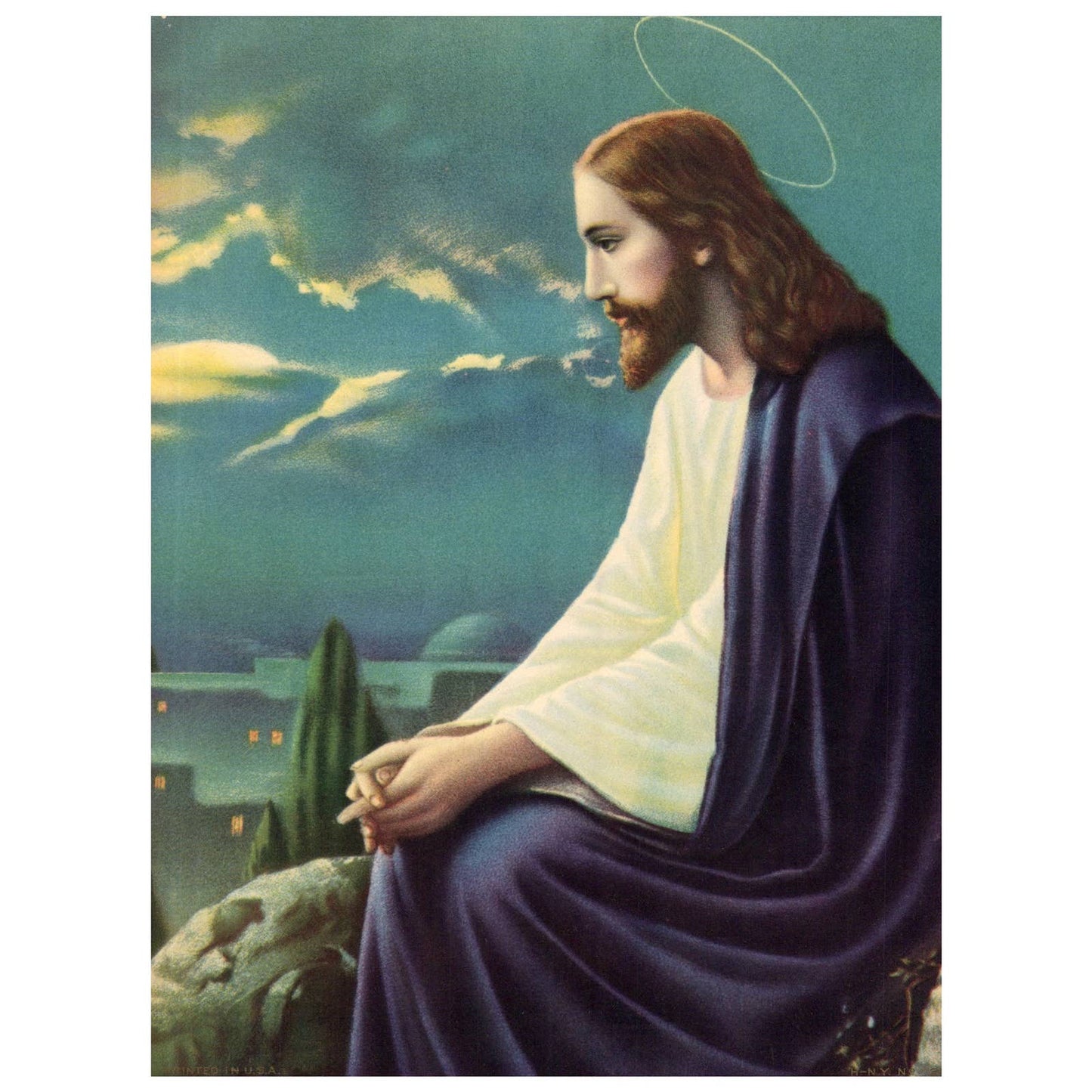 Vtg Lithograph Jesus Christ on the Mount of Olives Praying Gethsemane 6x8" AD1