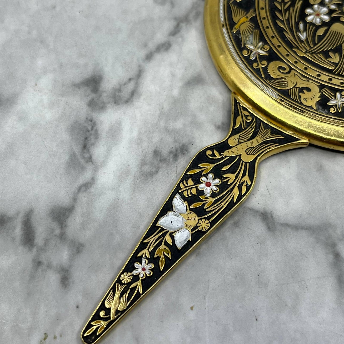 Vintage Asian Cloisonné Handheld Vanity Hand Mirror 5" TJ9