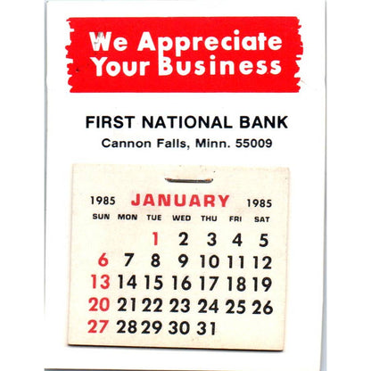 1985 First National Bank Cannon Falls Minnesota Mini Advertising Calendar SE4