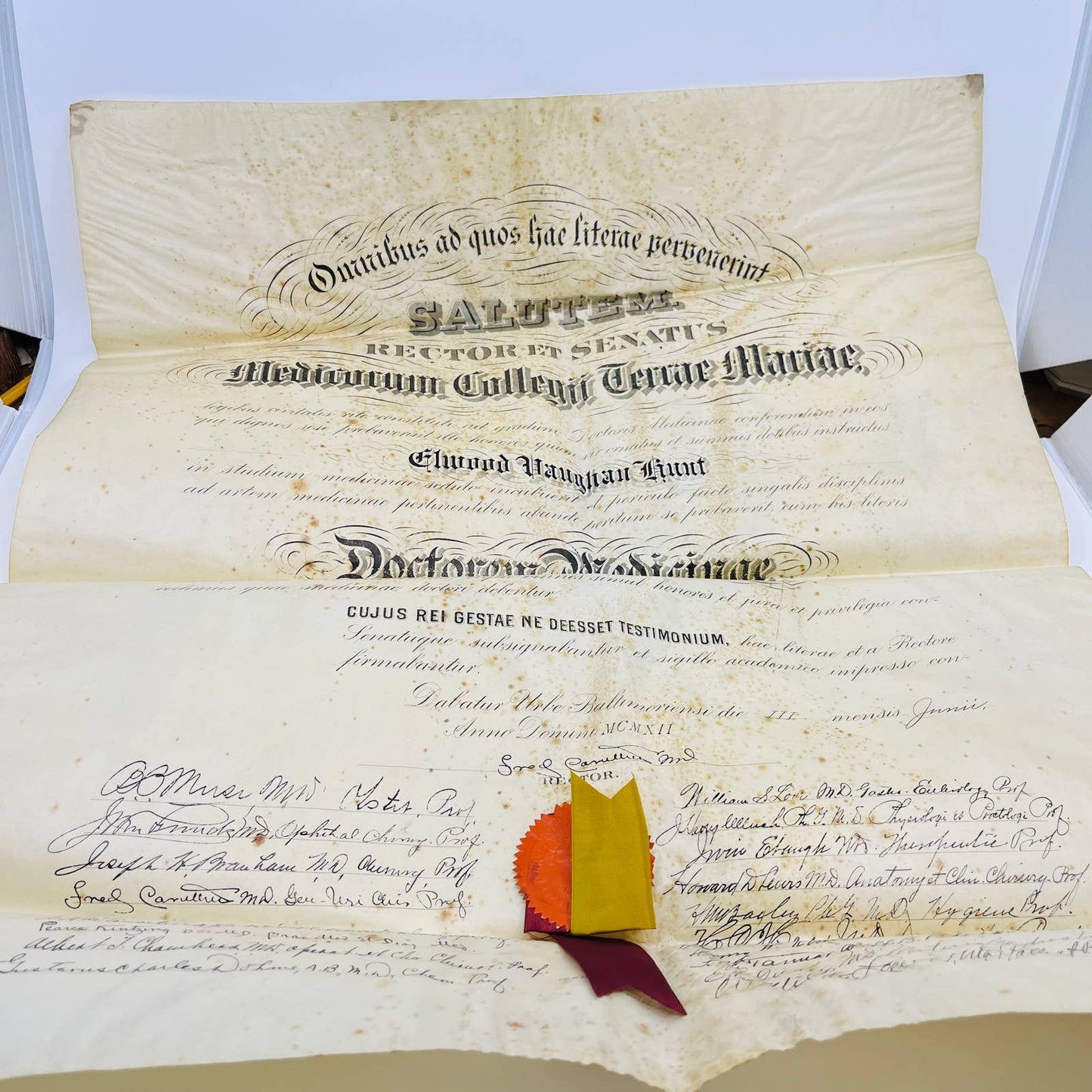 1911 Certificate Doctorate of Medicine Elwood Vaughan Hunt Baltimore City MD FL2