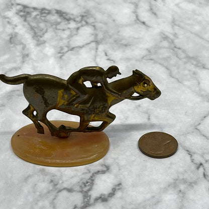 Vintage Brass Racehorse and Jockey on Celluloid Base 3” SE7
