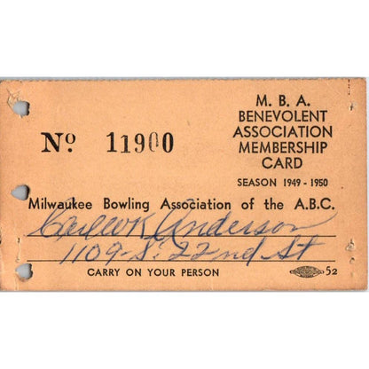 1949 Milwaukee Bowling Association Membership Card Carl W. K. Anderson SE5-5