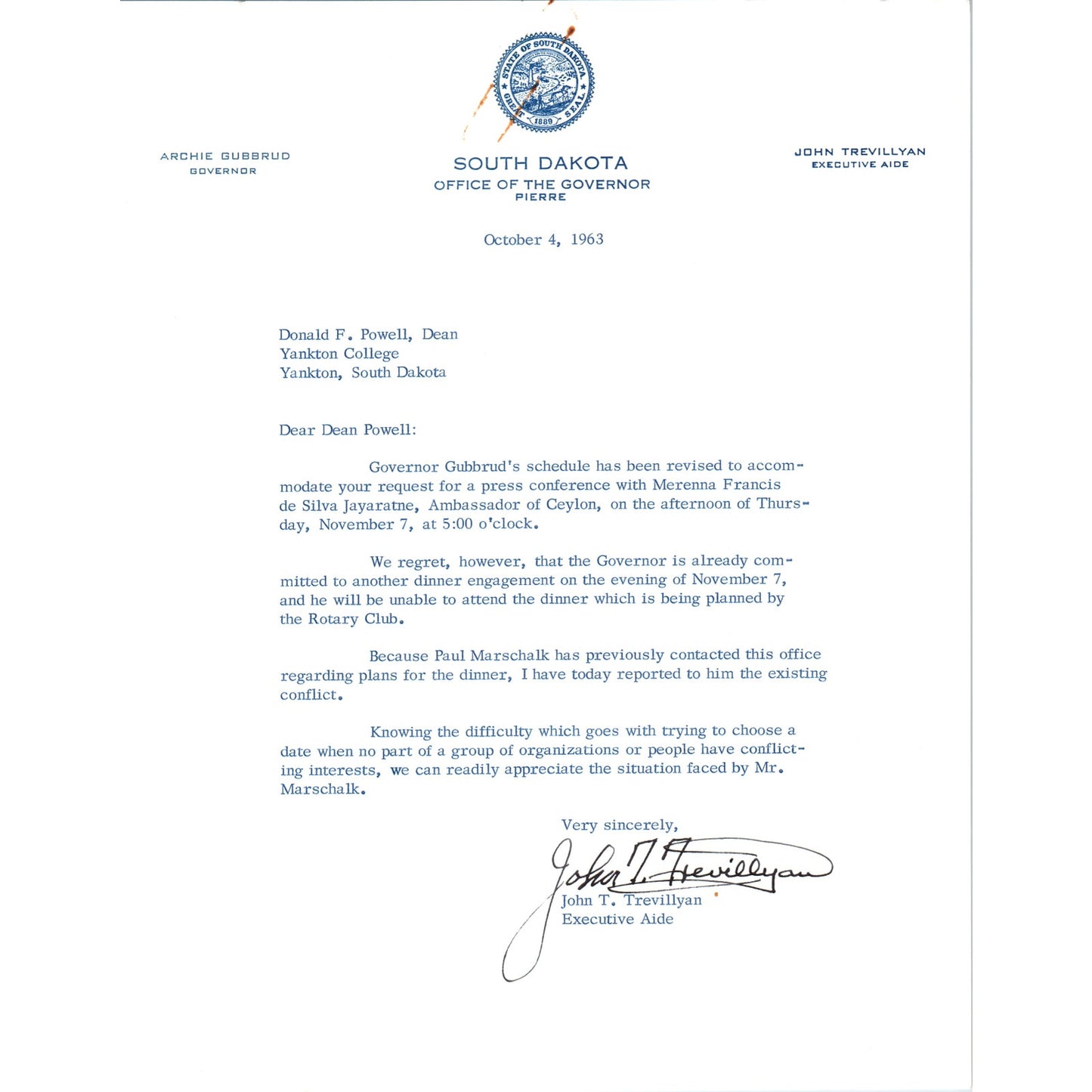 South Dakota Governor Archie Gubbrud Letterhead Memo Oct 4, 1963 B10