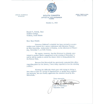 South Dakota Governor Archie Gubbrud Letterhead Memo Oct 4, 1963 B10