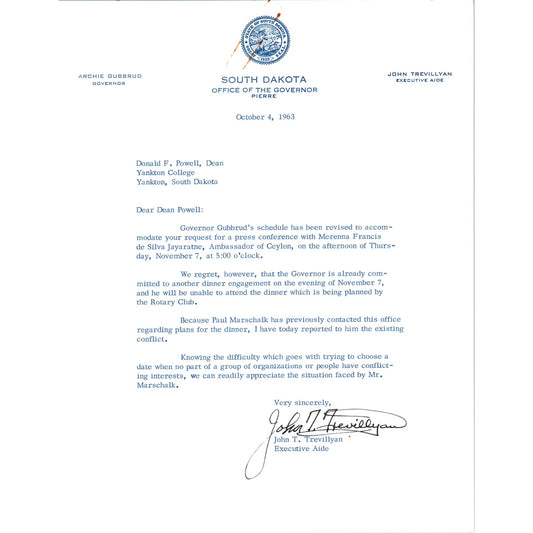 South Dakota Governor Archie Gubbrud Letterhead Memo Oct 4, 1963 B10
