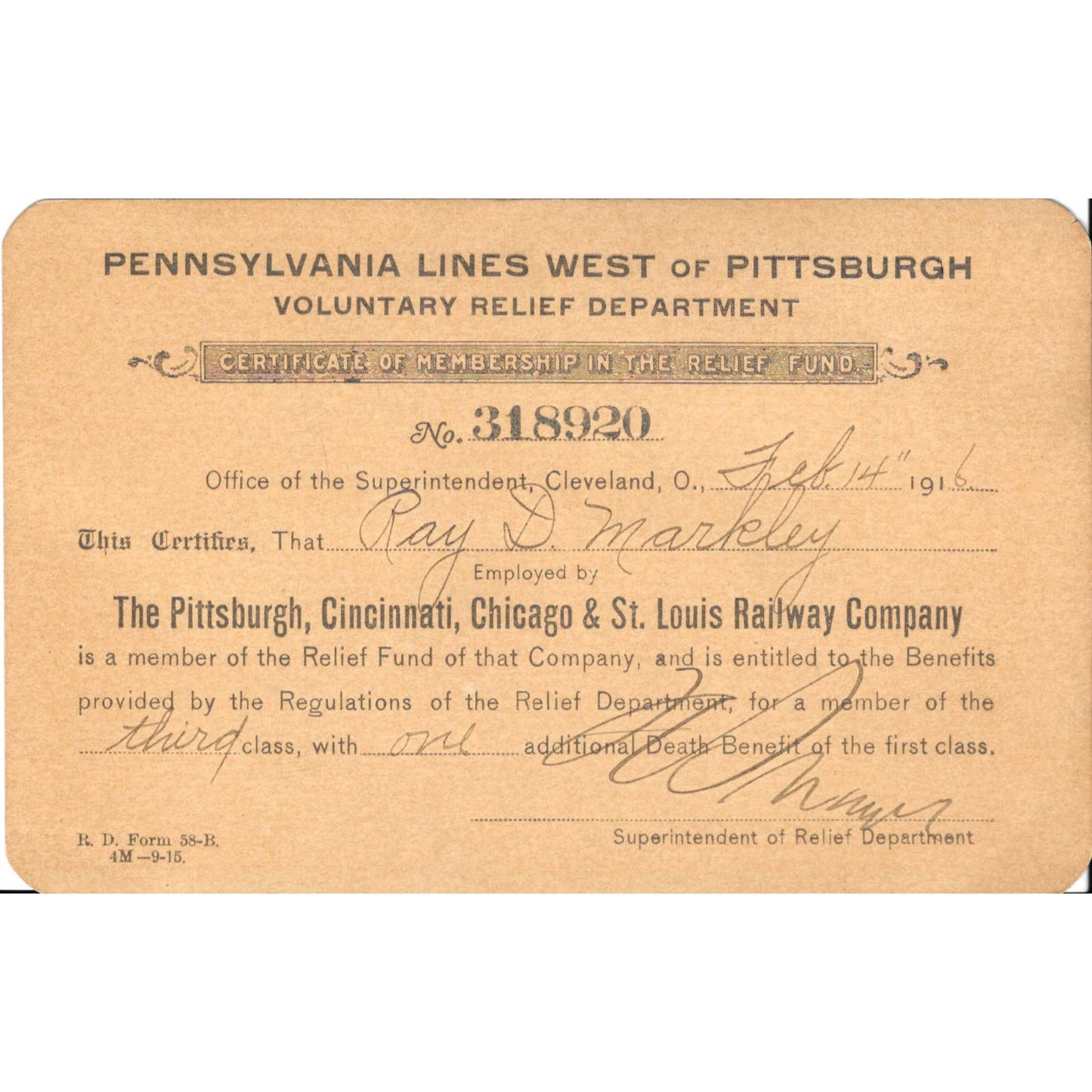 1916 Pennsylvania Lines of West Pittsburgh Relief Fund Member Certificate TJ8-1