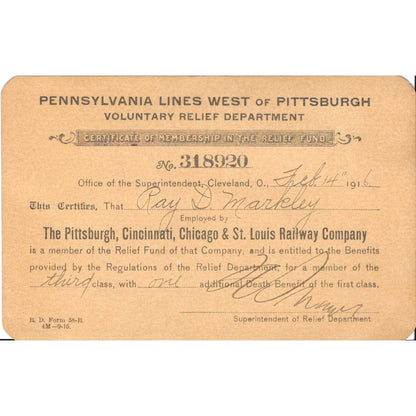 1916 Pennsylvania Lines of West Pittsburgh Relief Fund Member Certificate TJ8-1