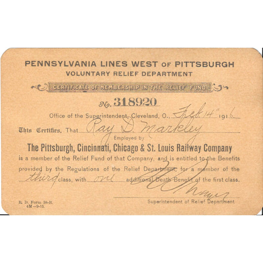 1916 Pennsylvania Lines of West Pittsburgh Relief Fund Member Certificate TJ8-1
