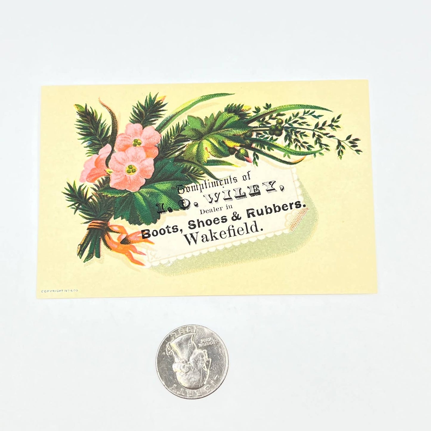 1880s Victorian Trade Card I.O. Wiley Boots & Shoes Wakefield MA Pink Flower AB6