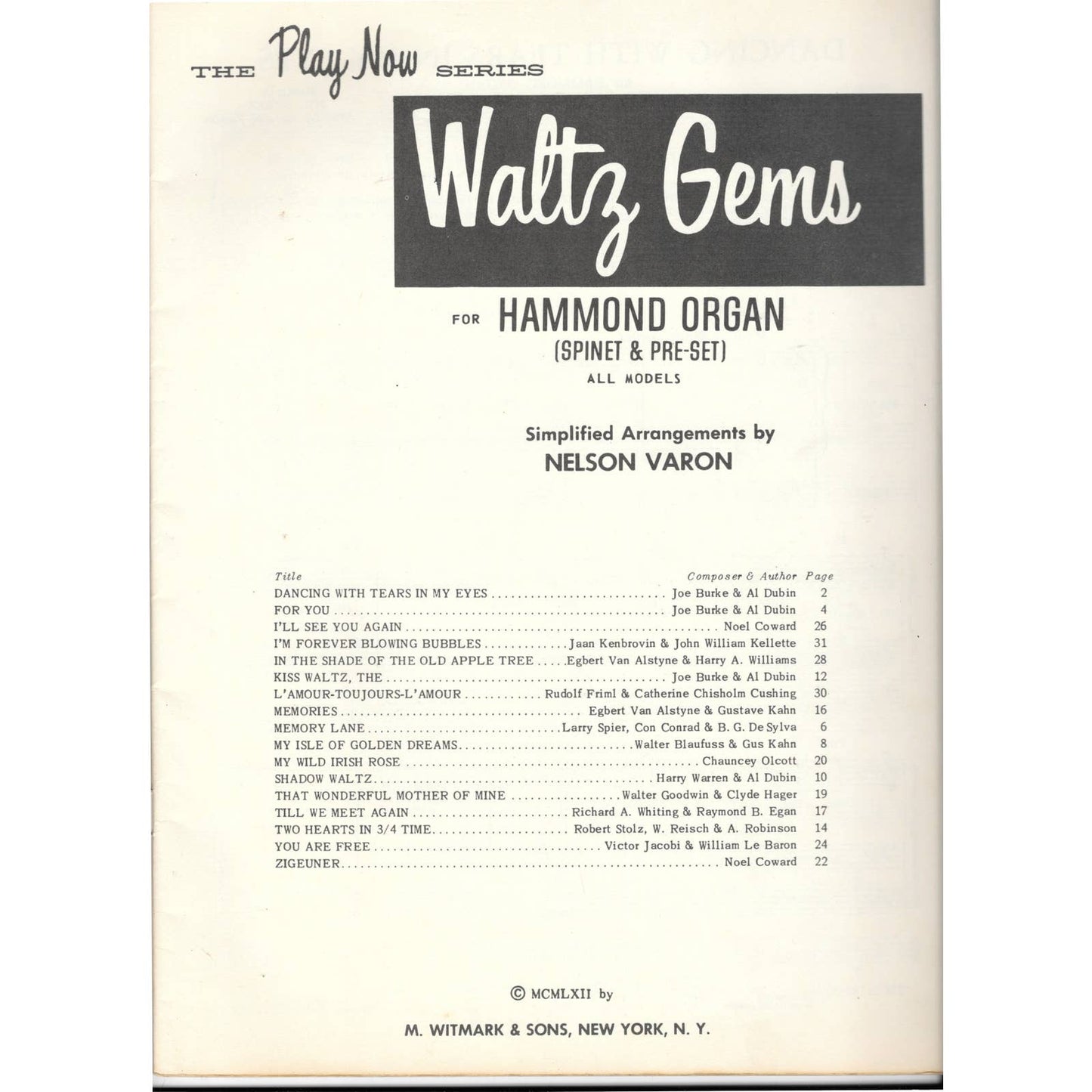 1962 Play Now Series Waltz Gems for Hammond Organ Sheet Music Book TJ7