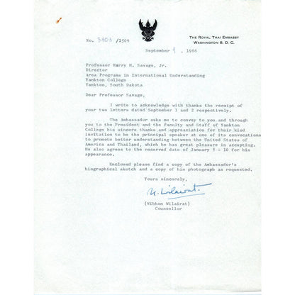 The Royal Thai Embassy Official Letterhead Memo Nibhon Wilairat 1966 TK1-P9