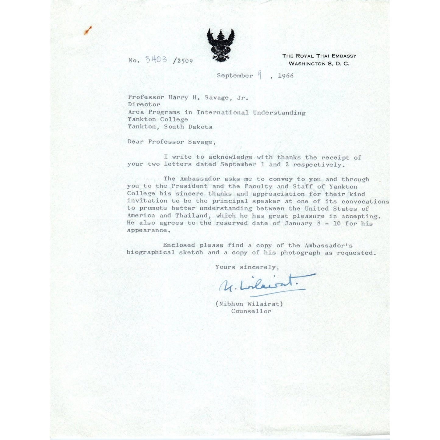 The Royal Thai Embassy Official Letterhead Memo Nibhon Wilairat 1966 B14