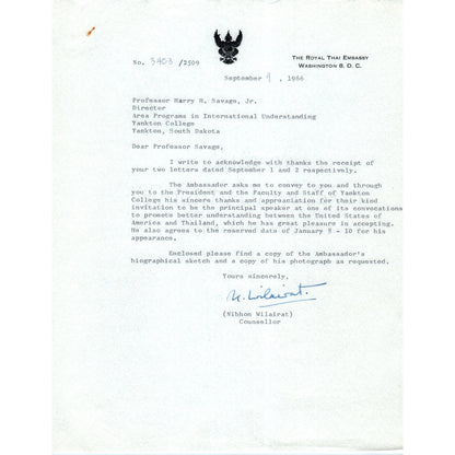 The Royal Thai Embassy Official Letterhead Memo Nibhon Wilairat 1966 B14