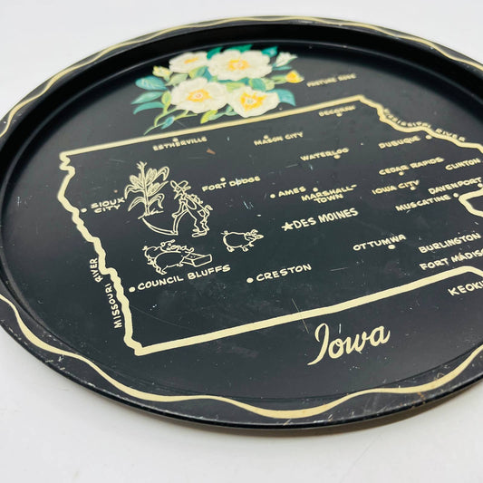 Vintage Black & Gold Metal State Souvenir Plate Tray Iowa 11” TC7