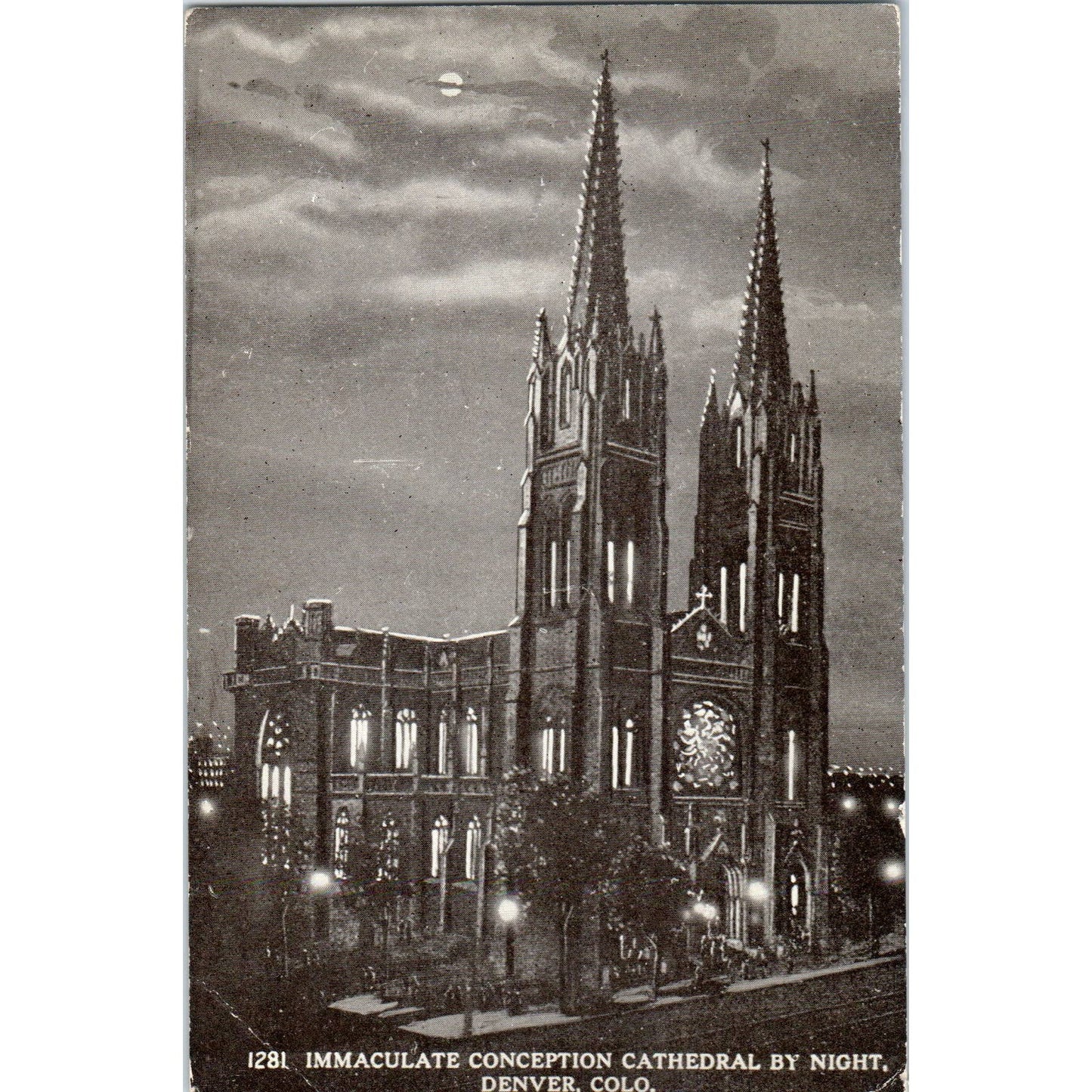 Immaculate Conception Cathedral at Night Denver CO Original Postcard TK1-28