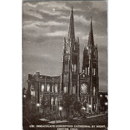 Immaculate Conception Cathedral at Night Denver CO Original Postcard TK1-28