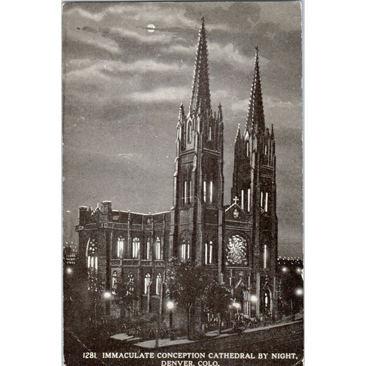 Immaculate Conception Cathedral at Night Denver CO Original Postcard TK1-28