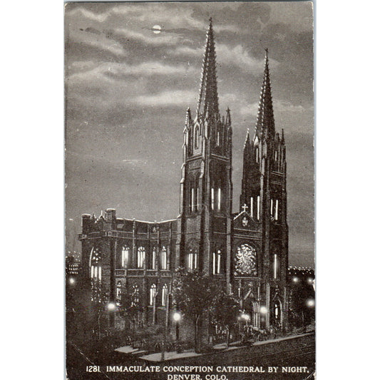 Immaculate Conception Cathedral at Night Denver CO Original Postcard P2-2