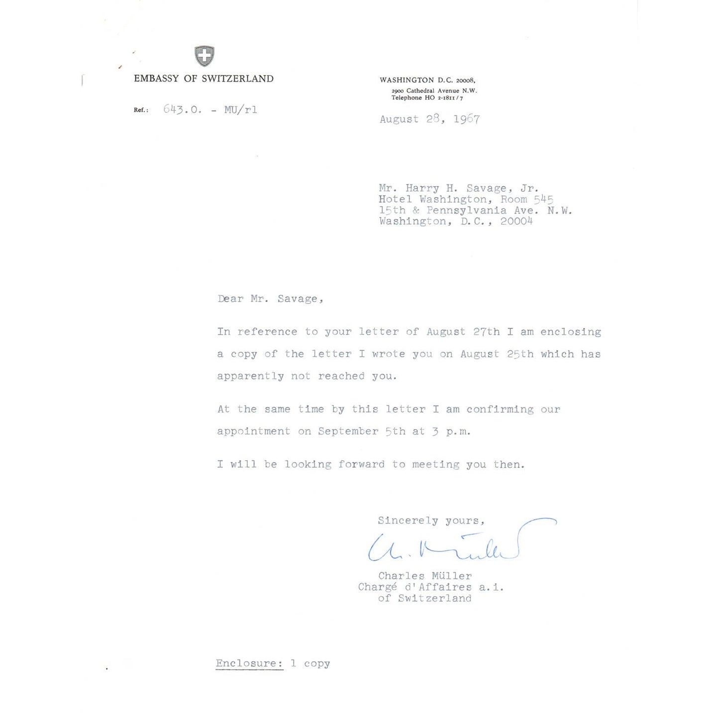 Embassy of Switzerland Official Letterhead Memo Charles Muller 9/28/67 TK1-P7