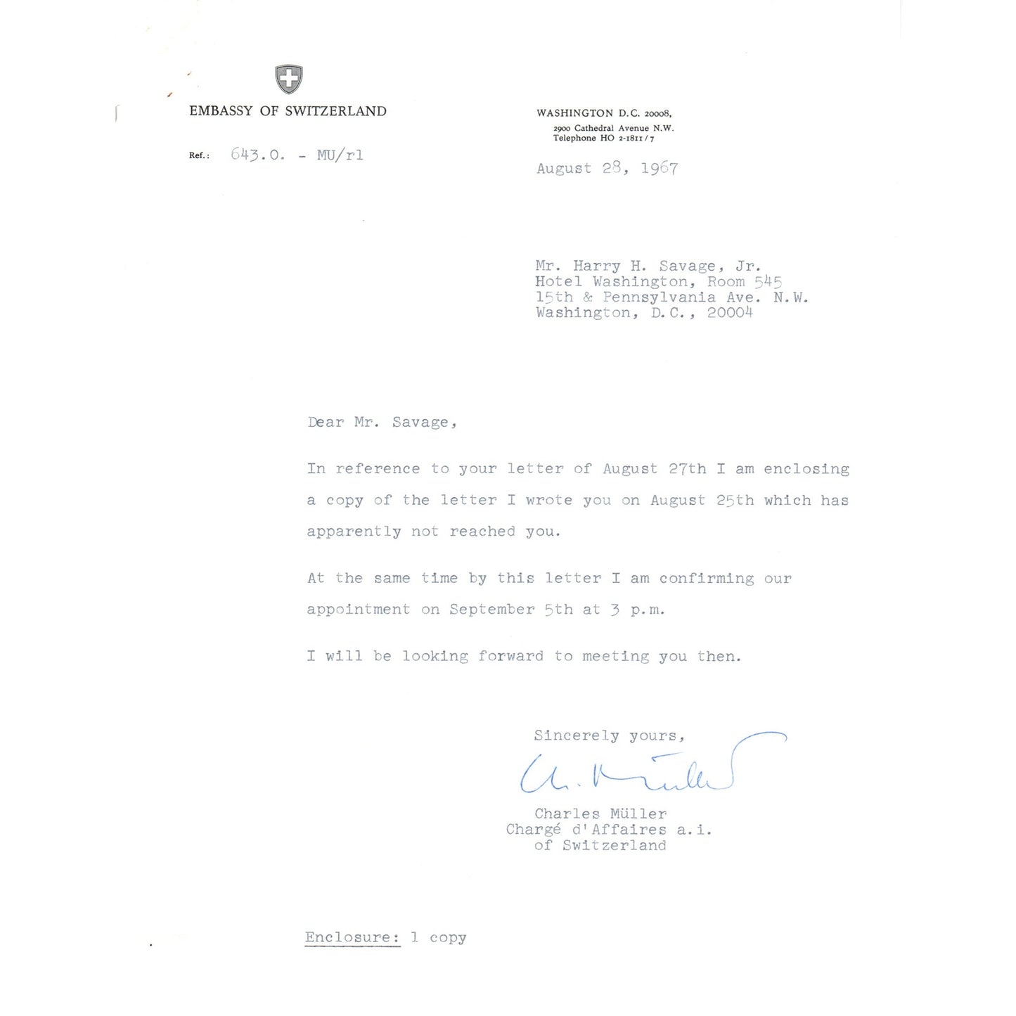 Embassy of Switzerland Official Letterhead Memo Charles Muller 9/28/67 B16