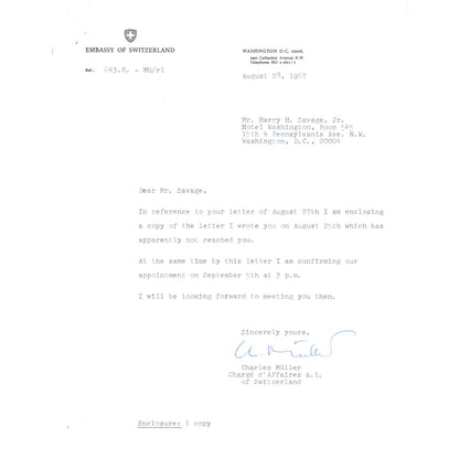Embassy of Switzerland Official Letterhead Memo Charles Muller 9/28/67 B16