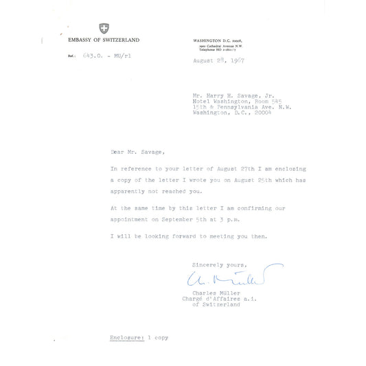 Embassy of Switzerland Official Letterhead Memo Charles Muller 9/28/67 B16