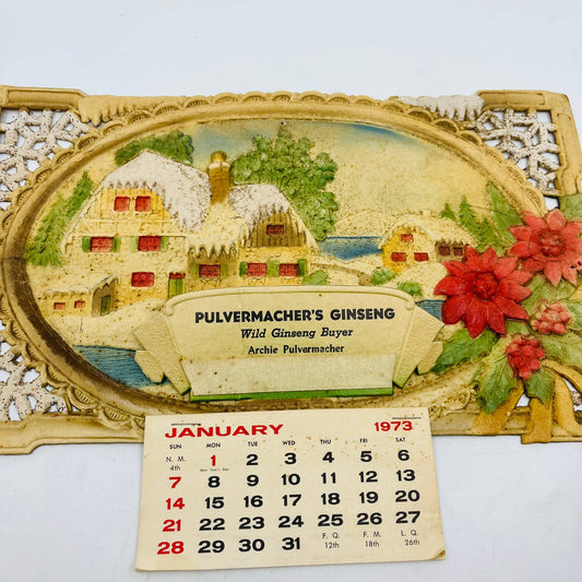 1973 Die Cut Embossed Calendar Pulvermacher Ginseng Buyer Richland Center WI TD3