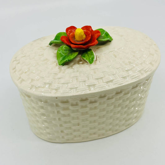 Vintage 1950s Basketweave Canister w/ Lid Flower Made in Japan Ceramic 7 x 4 TC2
