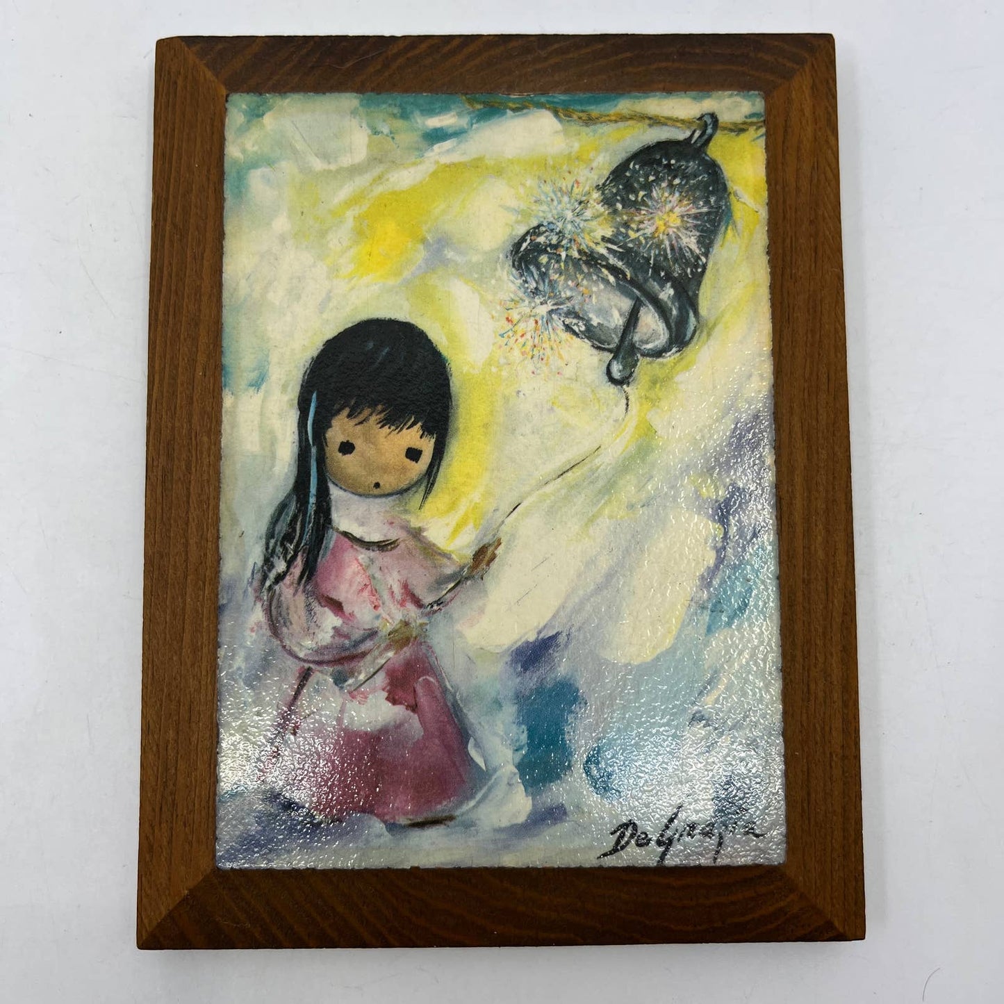 Ted DeGrazia Vintage "The Bell of Hope" Art Print on Wood 4.5 x 6 TI4