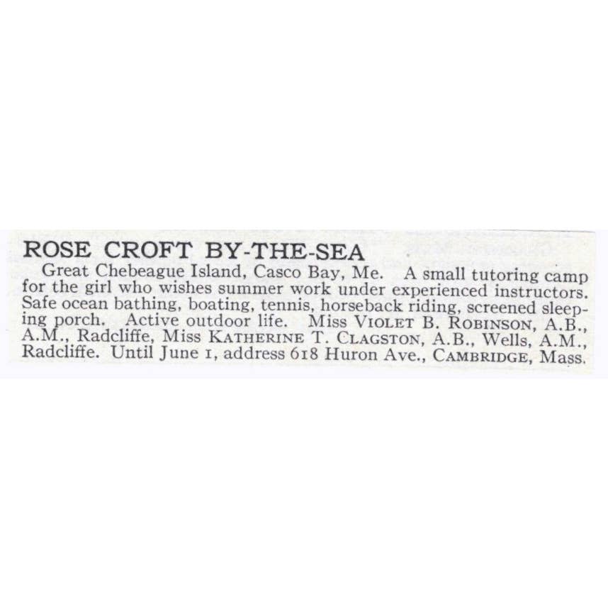 Rose Croft By the Sea Tutoring Camp Violet B. Robinson Cambridge 1921 Ad TJ7-S6