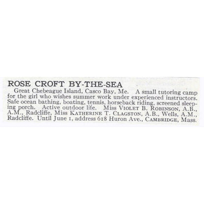 Rose Croft By the Sea Tutoring Camp Violet B. Robinson Cambridge 1921 Ad TJ7-S6