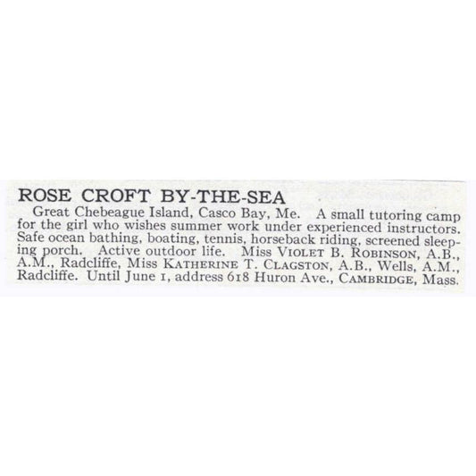Rose Croft By the Sea Tutoring Camp Violet B. Robinson Cambridge 1921 Ad TJ7-S6