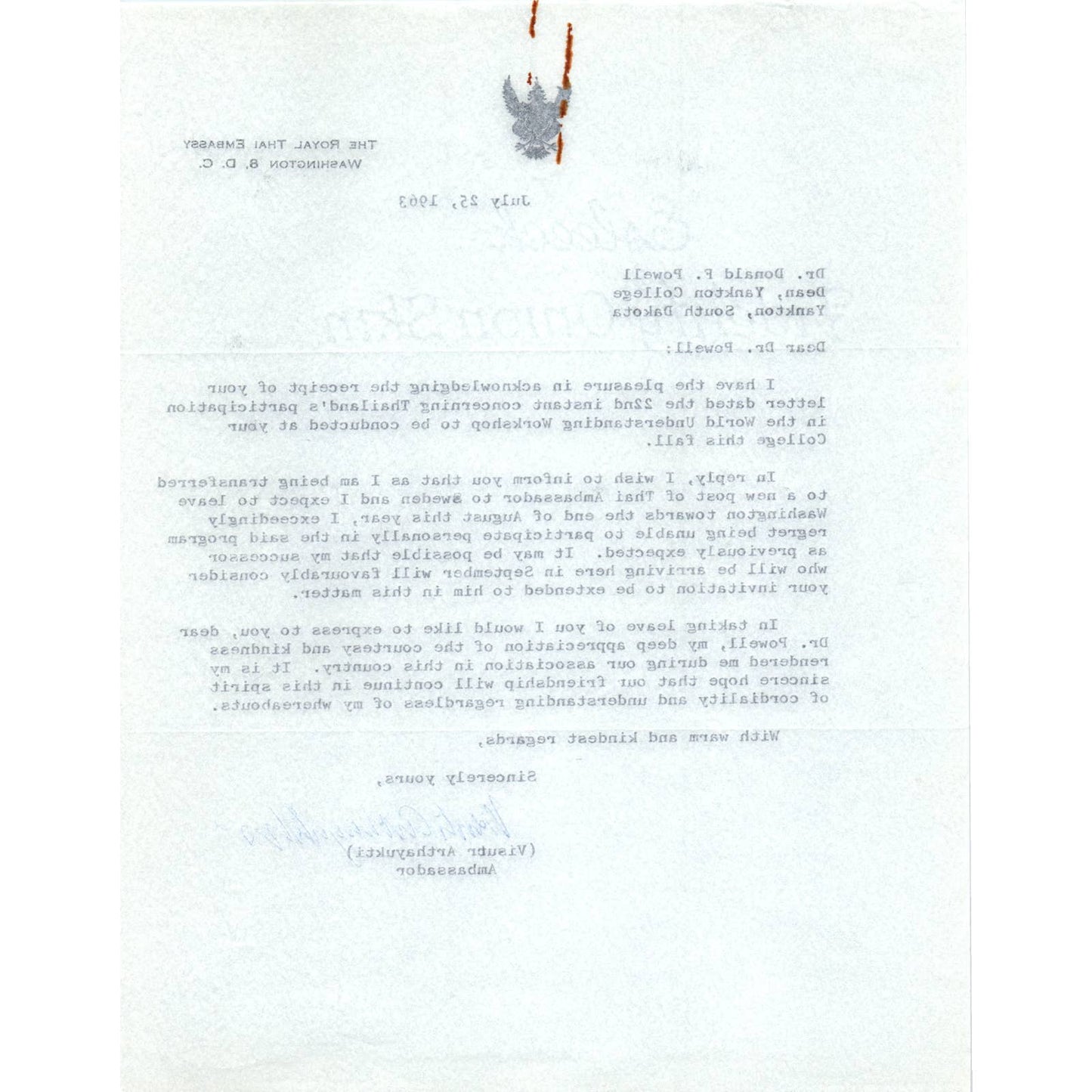 The Royal Thai Embassy Letterhead Memo Visutr Arthayukti July 1963 TK1-P11