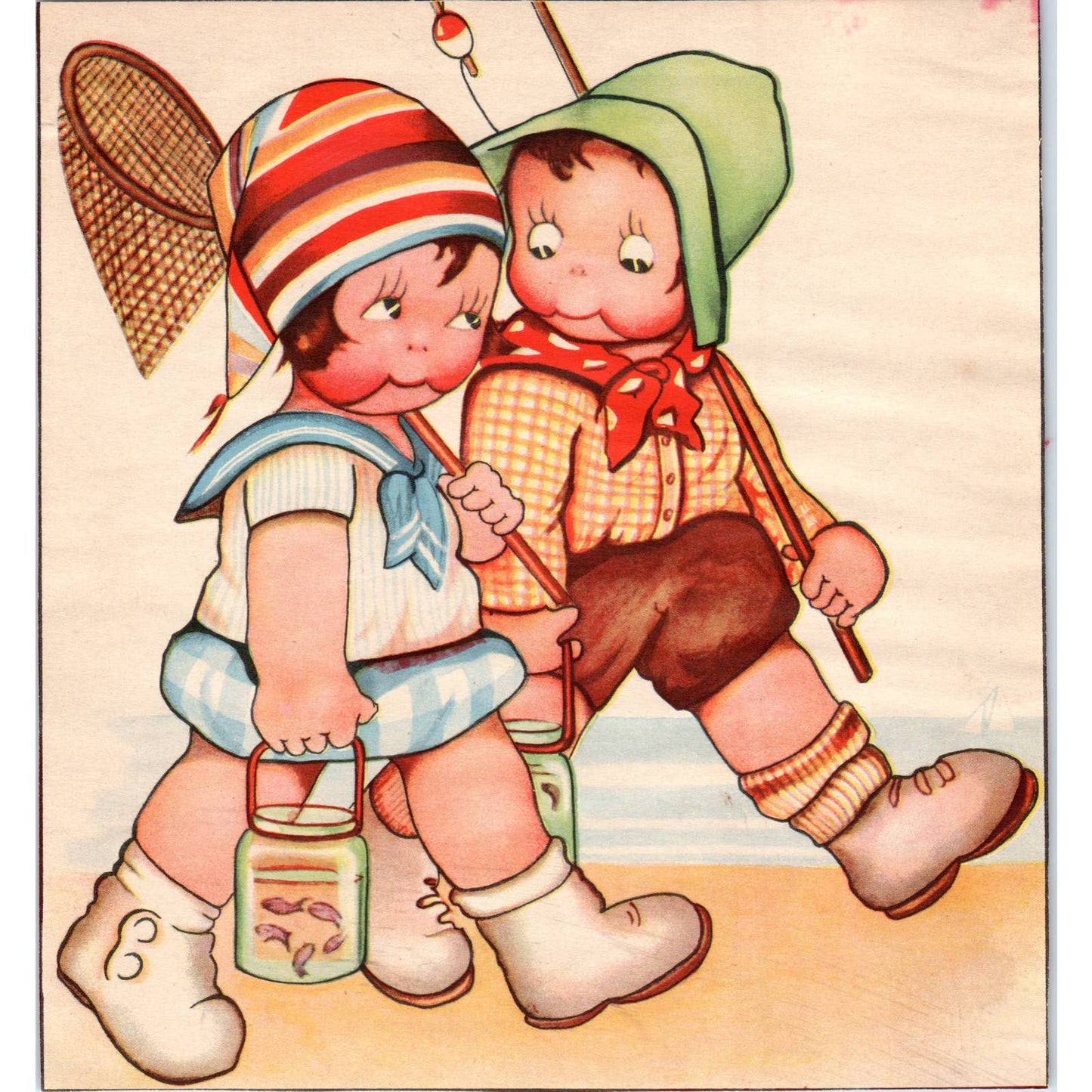 Vintage Print KEWPIE Doll Boy and Girl Going Fishing 7x8 TJ1-2