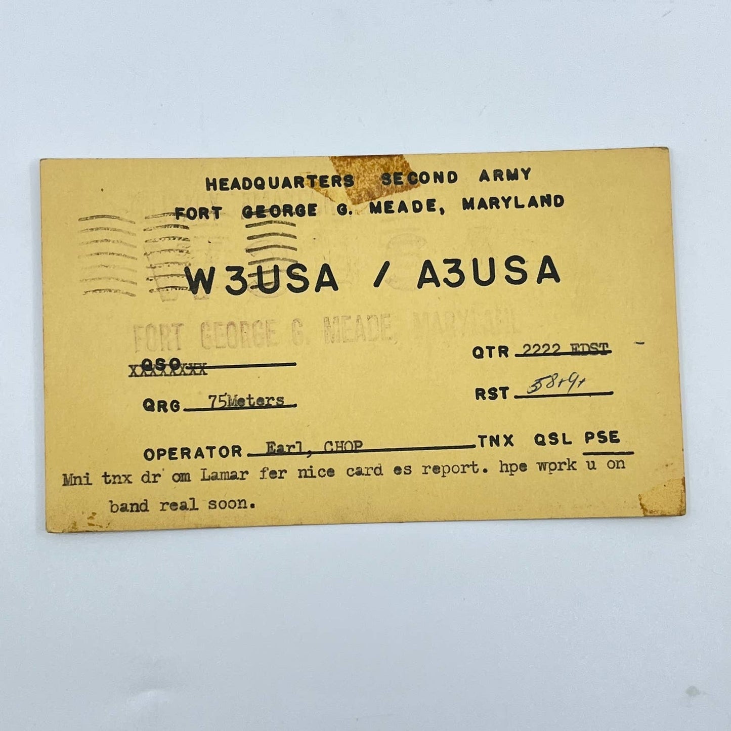 1955 QSL Radio Card W3USA Fort George G. Meade Maryland Lamar Rambo SC6