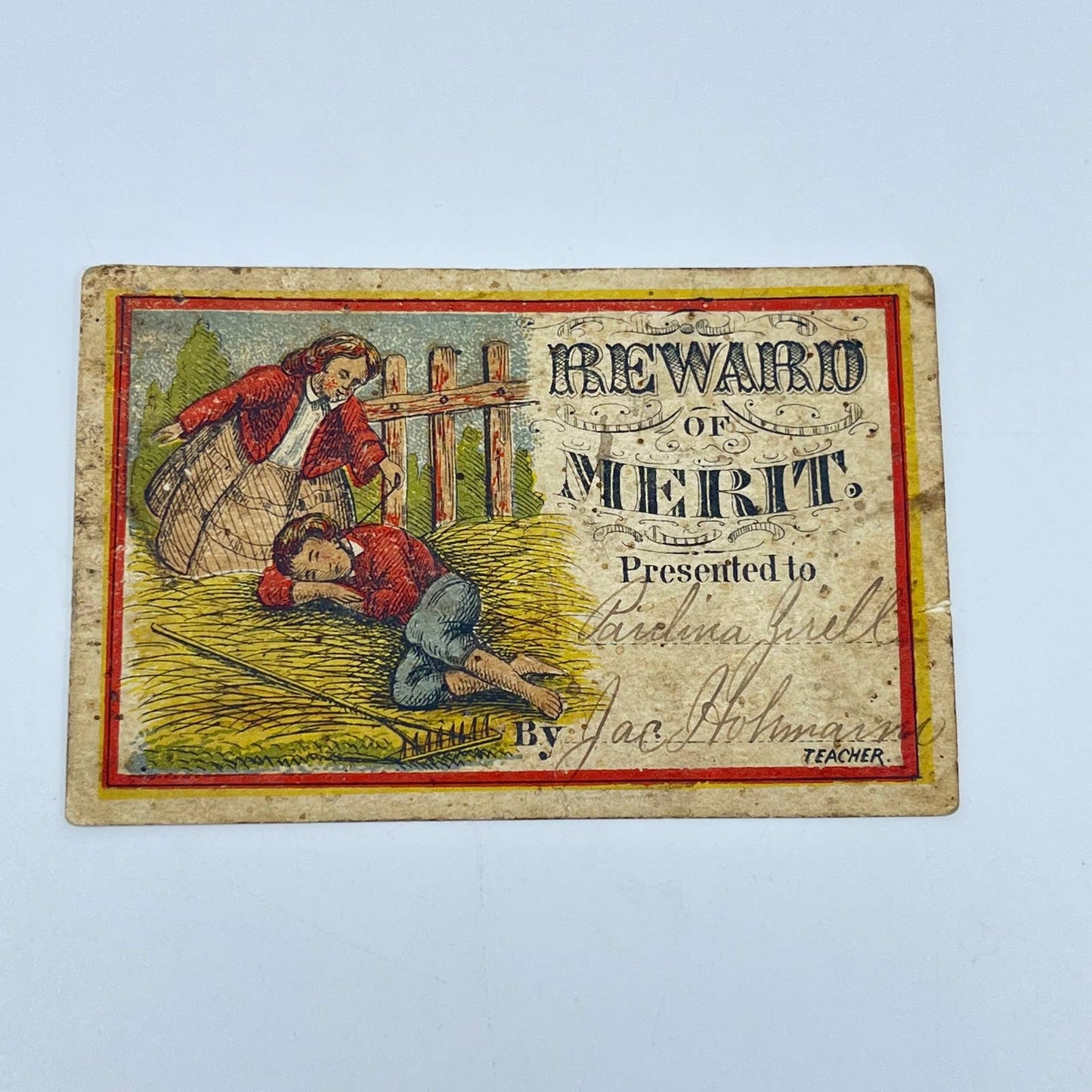 1880s Victorian Reward of Merit Card Boy Sleeping on Haystack SC7